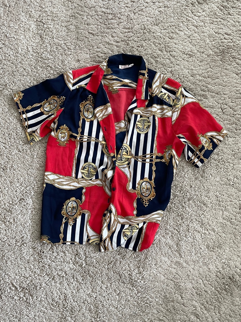 Vintage Red & Navy Nautical Print Buttoned Shirt